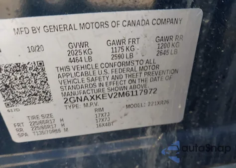 2021 Chevrolet Equinox Fwd Lt z USA, uszkodzony, nr VIN 2GNAXKEV2M6117972